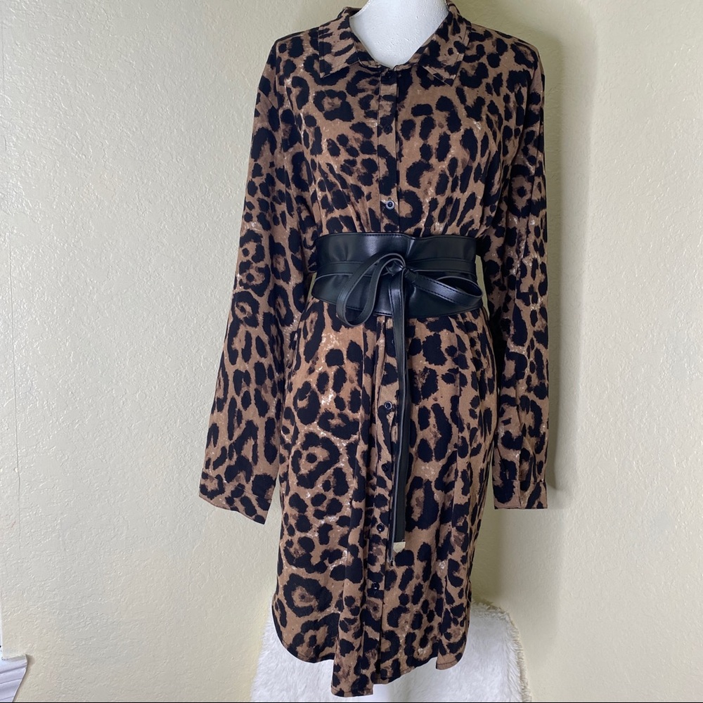 Boohoo Women's Plus Sz 20 Brown Animal Print Long Sleeve Button Down Shirt Dress